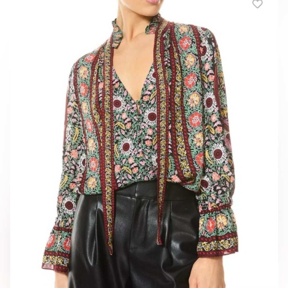 Alice + Olivia Reilly Ruffle Tie Neck Collar Flower Blouse Size XS - Picture 3 of 14